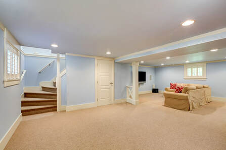 Basement newly repainted in a powder blue color.